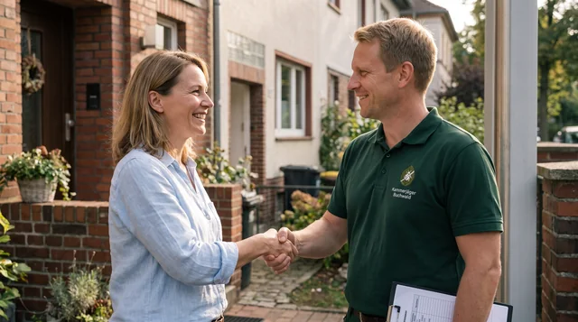 Thomas Buchwald bespricht das Ergebnis mit der Kundin an der Haustür