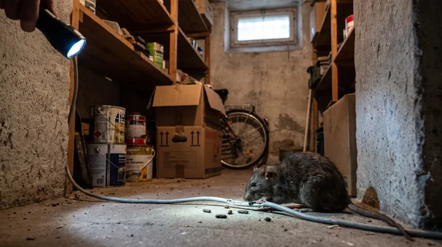 Ratte an angenagtem Kabel im Keller